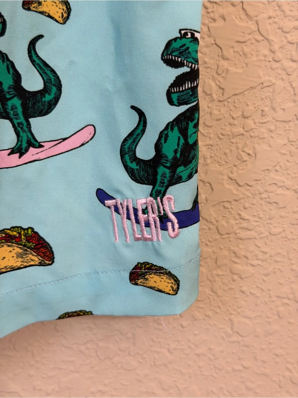 Tyrrell Katz Light Blue Dino & Taco Swim Trunks